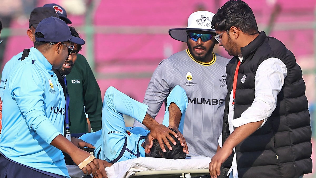 Angkrish Raghuvanshi being taken off the field on a stretcher after an injury during the Vijay Hazare Trophy 2025-26 cricket match between Mumbai and Uttarakhand, at Sawai Mansingh Stadium in Jaipur. - Photo: PTI
