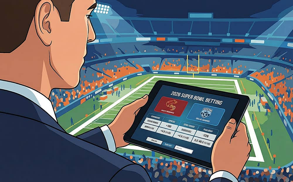 Man at Super Bowl stadium using tablet for betting