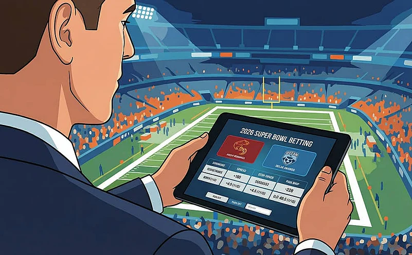 Man at Super Bowl stadium using tablet for betting