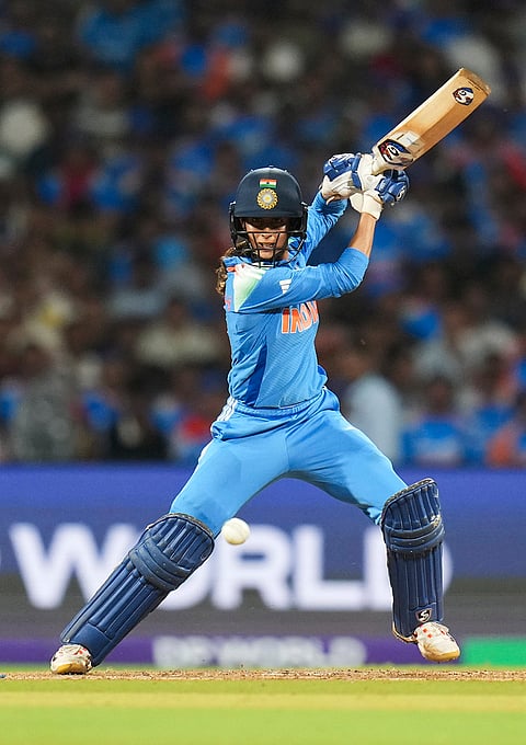 India's Jemimah Rodrigues plays a shot during the ICC Women's World Cup final ODI cricket match between India Women and South Africa Women, at the DY Patil Stadium, in Navi Mumbai, Sunday, Nov. 2, 2025. 
