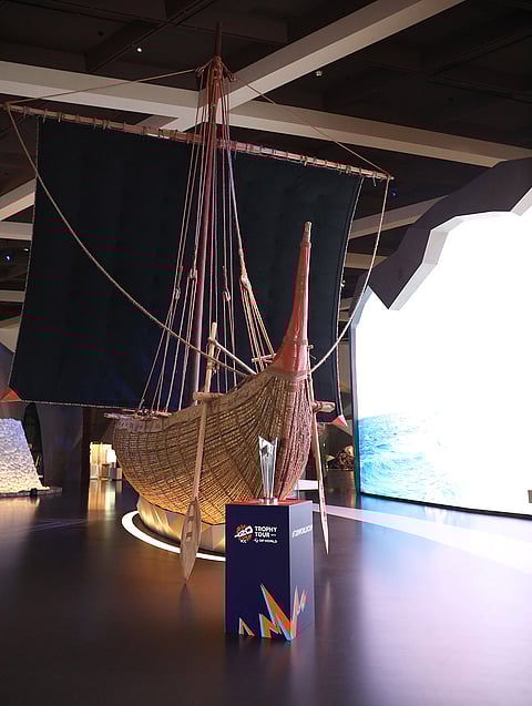 The ICC Men’s T20 World Cup 2026 trophy at the Oman Across Ages Museum during the trophy tour in Oman