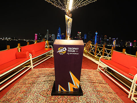 The ICC Men’s T20 World Cup 2026 trophy at the Doha Corniche during the trophy tour in Qatar