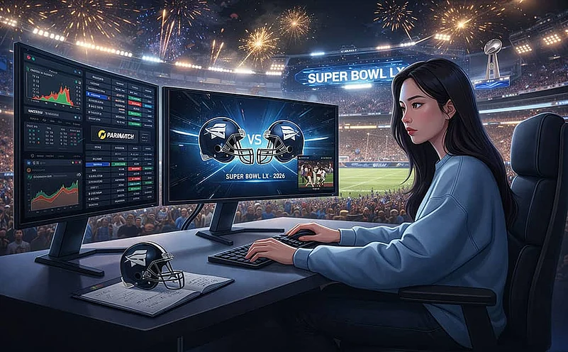 Woman sports bettor using a computer at the Super Bowl stadium