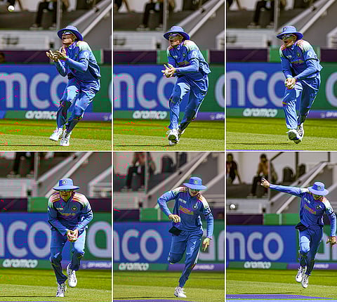 Combo of the moments when India's Shubman Gill takes the catch of Australia's Travis Head during the ICC Champions Trophy semi-final cricket match between India and Australia, in Dubai, UAE, Tuesday, March 4, 2025. 