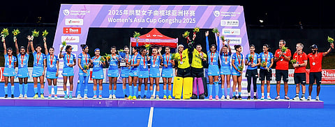 In this image released on Sept. 14, 2025, members of the Indian women’s hockey team celebrate during the presentation ceremony after winning the silver medal in the Women’s Asia Cup, in Hangzhou, China. 
