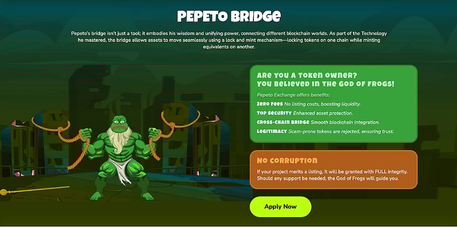 Pepeto Bridge crypto project screen with a muscular green frog character.