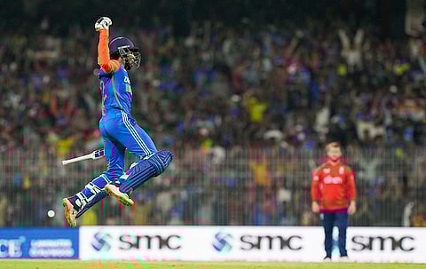 India's batter Tilak Varma celebrates after India won the second T20 cricket match against England, at M.A. Chidambaram Stadium, in Chennai, Saturday, Jan. 25, 2025. 