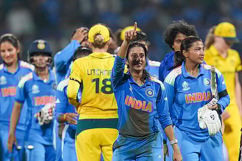 India's Jemimah Rodrigues with teammates celebrates after winning in the ICC Women's World Cup semifinal ODI cricket match between India Women and Australia Women, at the DY Patil Stadium, in Navi Mumbai, Thursday, Oct. 30, 2025. 