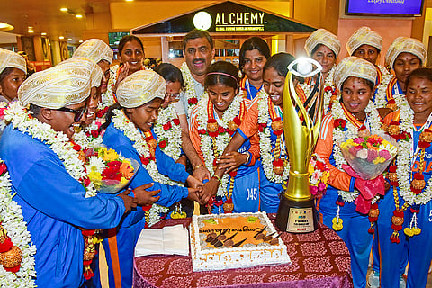 Members of the Indian women's blind cricket team that won the inaugural Women's T20 World Cup for the Blind in Sri Lanka celebrate upon their arrival at a hotel, in Bengaluru, Karnataka, Monday, Nov. 24, 2025. 
| Photo: PTI