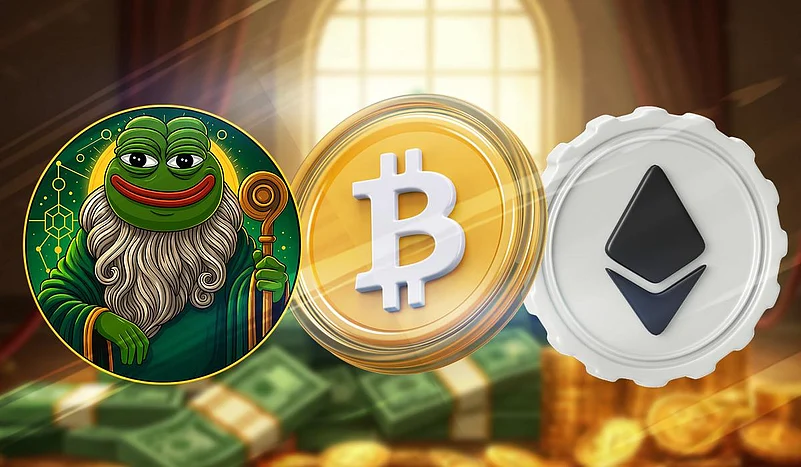Pepe the Frog wizard next to Bitcoin and Ethereum coins