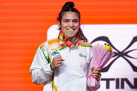 Gold medallist India's Arundhati Choudhary poses during the felicitation ceremony after her victory in the women's 70kg final match at the World Boxing Cup Finals 2025, in Greater Noida, Uttar Pradesh, Thursday, Nov. 20, 2025. 