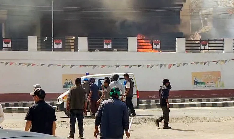 A massive protest over the statehood demand and the inclusion of Ladakh under the Sixth Schedule, in Leh Leh, Sep 24 (ANI): Bhartiya Janta Party (BJP) Office set on fire during a massive protest over the statehood demand and the inclusion of Ladakh under the Sixth Schedule, in Leh on Wednesday. - IMAGO / ANI News