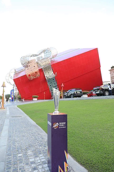 The ICC Men’s T20 World Cup 2026 trophy at the Katara Cultural Village during the trophy tour in Qatar