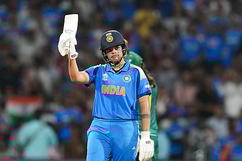 India's Shafali Verma celebrates her half century during the ICC Women's World Cup final ODI cricket match between India Women and South Africa Women, at the DY Patil Stadium, in Navi Mumbai, Sunday, Nov. 2, 2025. 