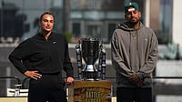 AP : Aryna Sabalenka, left, and Nick Kyrgios pose with the trophy during a press conference ahead of the Battle of the Sexes exhibition match at Atlantis The Royal in Dubai, United Arab Emirates.
