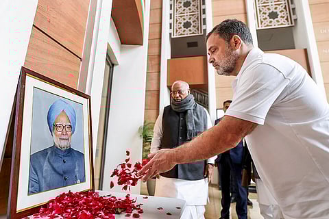LoP in the Lok Sabha and Congress leader Rahul Gandhi pays tribute to former prime minister Manmohan Singh before the Congress Working Committee (CWC) meeting, at Indira Bhawan, in New Delhi. 