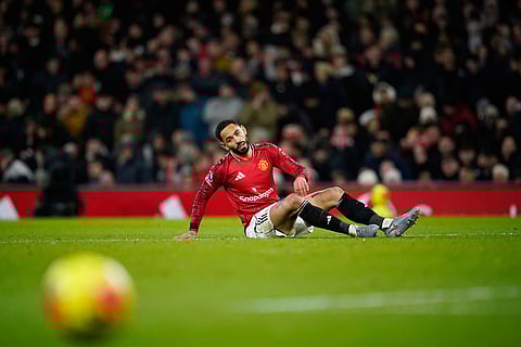 Manchester United's Matheus Cunha looks across the pitch after a missed opportunity during the English Premier League soccer match between Manchester United and Newcastle in Manchester, England.