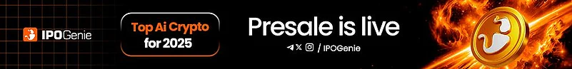 Ad for the IPO Genie AI crypto project, stating Presale is live