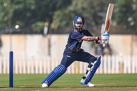 Delhi's Virat Kohli plays a shot during the Vijay Hazare Trophy 2025-26 cricket match between Gujarat and Delhi, at BCCI Centre of Excellence Ground, in Bengaluru.
