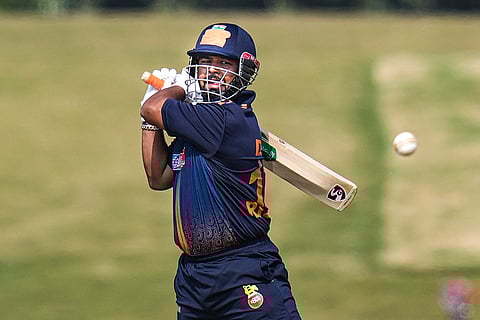 Delhi's captain Rishabh Pant plays a shot during the Vijay Hazare Trophy 2025-26 cricket match between Gujarat and Delhi, at BCCI Centre of Excellence Ground, in Bengaluru.