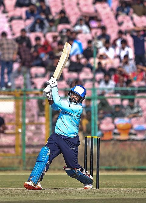 Mumbai's Shams Mulani plays a shot during the Vijay Hazare Trophy 2025-26 cricket match between Mumbai and Uttarakhand, at Sawai Mansingh Stadium, in Jaipur.