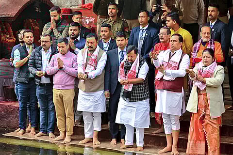 BJP National Working President Nitin Nabin, front third right, and other leaders perform rituals at the 'Maa Kamakhya Temple', in Guwahati, Assam. 
