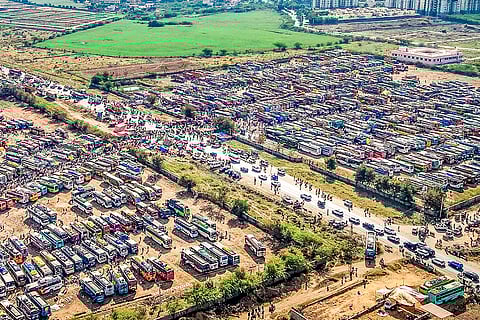 Buses parked at Kayad Vishram Sthali, during the 814th annual Urs of Sufi saint Khwaja Moinuddin Chishti, in Ajmer, Rajasthan.