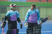 SG Pipers Players In Training Ahead Of Hockey India League 2025-26 Start Photo Credit: Special Arrangement : Between the goal posts: Bansari Solanki and Cristina Cosentino train hard ahead of the opening game vs Ranchi Royals