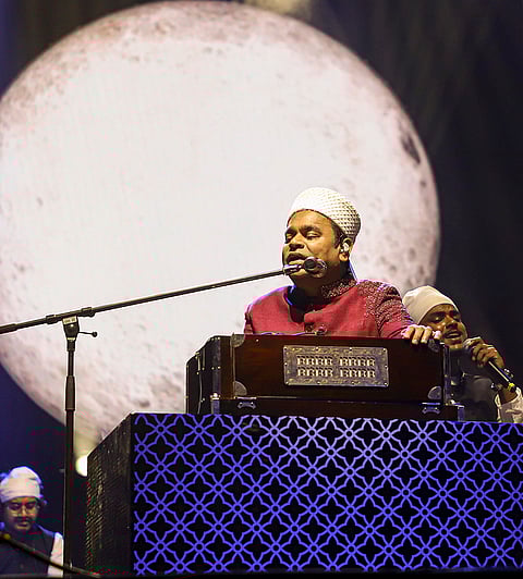 Music composer and singer A R Rahman performs during ‘Haazri’, a musical event to pay tribute to Ustad Ghulam Mustafa Khan, in Mumbai, Friday, Jan. 17, 2025.