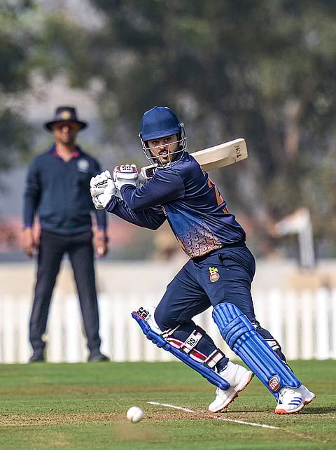 Delhi's Nitish Rana plays a shot during the Vijay Hazare Trophy 2025-26 cricket match between Gujarat and Delhi, at BCCI Centre of Excellence Ground, in Bengaluru.