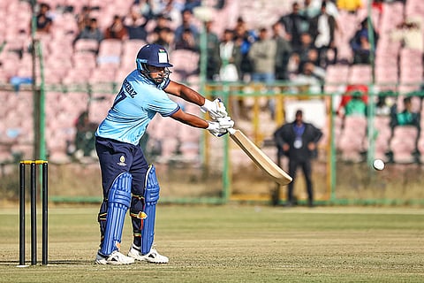 Mumbai's Sarfaraz Khan plays a shot during the Vijay Hazare Trophy 2025-26 cricket match between Mumbai and Uttarakhand, at Sawai Mansingh Stadium, in Jaipur.