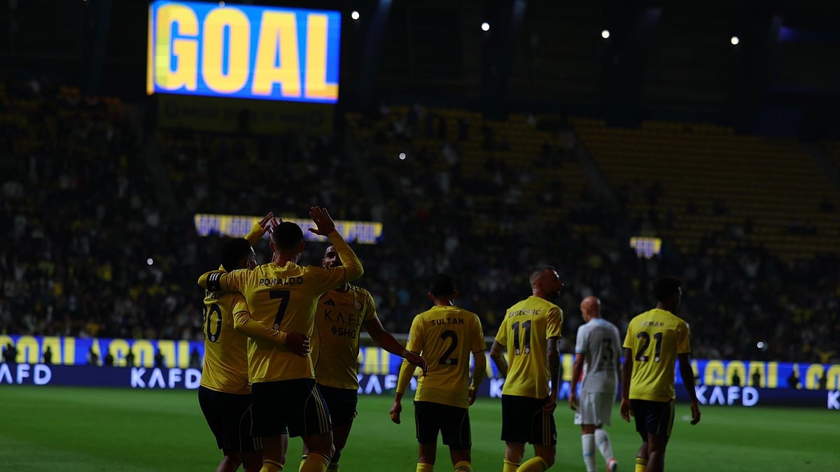 Al-Nassr Vs Al-Akhdoud Highlights, Saudi Pro League 2025-26: Ronaldo celebrating his goal. - X/@AlNassrFC_EN