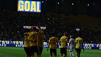 Al-Nassr Vs Al Akhdoud Highlights, Saudi Pro League 2025-26: Ronaldo Brace Secures Comfortable 3-0 Home Victory X/@AlNassrFC_EN : Al-Nassr Vs Al-Akhdoud Highlights, Saudi Pro League 2025-26: Ronaldo celebrating his goal.