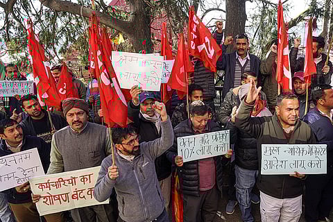 Employees of ambulance services stage a protest during their statewide strike under the banner of Centre of Indian Trade Union (CITU) affiliated 108 and 102 Ambulance Workers Union, in Shimla.