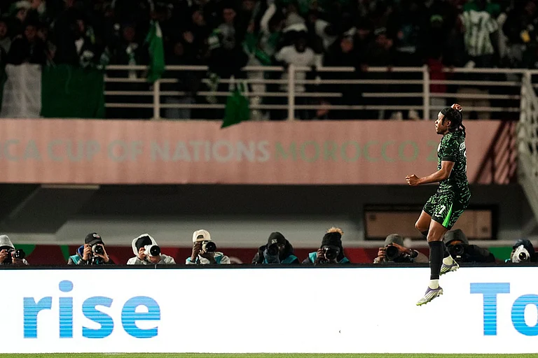 Nigeria's Ademola Lookman celebrates after scoring his side's third goal during the Africa Cup of Nations group C soccer match between Nigeria and Tunisia in Fez, Morocco. - | Photo: AP/Mosa'ab Elshamy