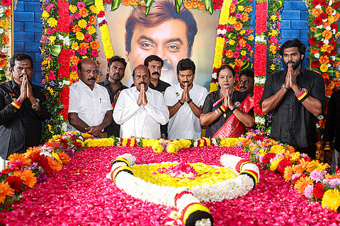 Tamil Nadu Deputy Chief Minister Udhayanidhi Stalin, DMDK General Secretary Premalatha Vijayakanth and others pay tribute to party founder 'Captain' Vijayakanth on his second death anniversary, in Chennai.