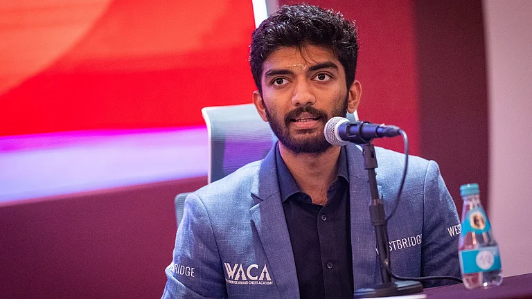 India's D Gukesh during the opening press conference of the FIDE World Rapid Championship 2025. - | Photo: X/FIDE_chess