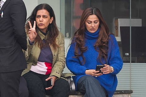 Congress leader Mumtaz Patel and Activist Yogita Bhayana near Supreme Court, in New Delhi. Supreme Court stayed the Delhi High Court's order suspending the life sentence of expelled BJP leader Kuldeep Singh Sengar in the 2017 Unnao rape case.