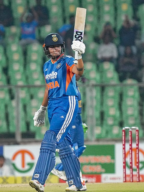 India's Shafali Verma celebrates her half century during the fourth T20 International cricket match of a series between India Women and Sri Lanka Women, at Greenfield International Stadium, in Thiruvananthapuram, Kerala.