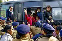 Police Deny ‘VIP’ Link As Ankita Bhandari Murder Case Allegations Resurface | Photo: PTI : Police personnel stop Uttarakhand Mahila Congress President Jyoti Rautela (in pink) and party workers from marching towards Assembly Speaker Ritu Khanduri's residence during a protest demanding arrest of influential figures in the Rishikesh resort Ankita Bhandari murder case and a CBI probe supervised by a Supreme Court judge, in Dehradun.