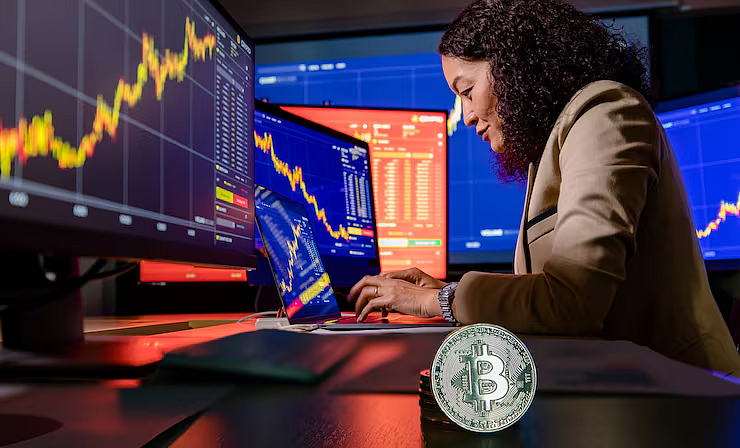 Woman analyzing cryptocurrency charts on multiple screens with a Bitcoin coin
