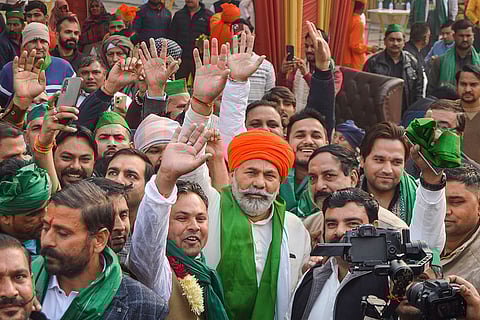 Bharatiya Kisan Union's national spokesperson Rakesh Tikait arrives as chief guest at a farmers' program organized at Web City, in Ghaziabad.