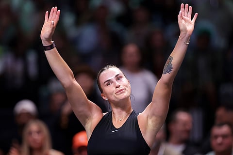 Aryna Sabalenka acknowledges the crowd after losing against Nick Kyrgios in their Battle of the Sexes match, in Dubai, United Arab Emirates.