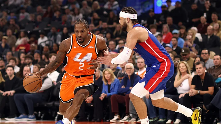 Kawhi Leonard #2 of the Los Angeles Clippers drives to the basket against Cade Cunningham #2 of the Detroit Pistons during the first quarter at Intuit Dome on December 28, 2025 in Inglewood, California. - null