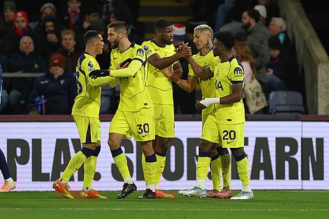 Tottenham's Richarlison, second from right, celebrates after scoring his second goal that was later disallowed during the English Premier League soccer match between Crystal Palace and Tottenham Hotspur in London.