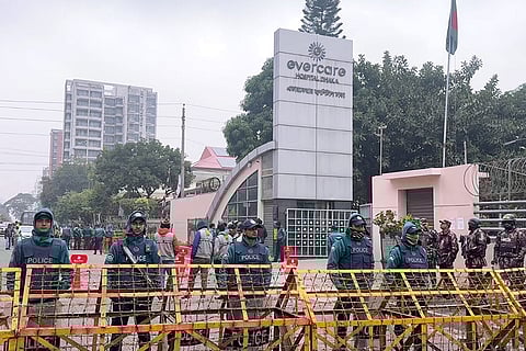 Security heightened outside the Evercare Hospital, after Bangladesh's former Prime Minister Khaleda Zia passed away at 80, in Dhaka, Bangladesh.