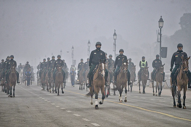 Indian President's Bodyguard on horses during rehearsals ahead of Republic Day celebrations at Kartavya path, in New Delhi. - | Photo: PTI