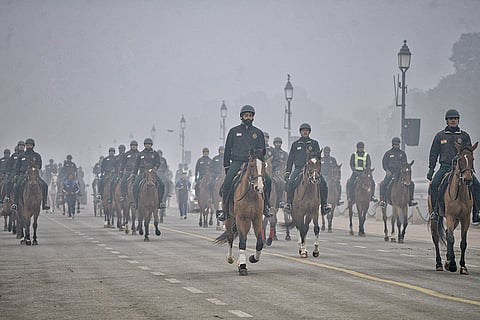 Indian President's Bodyguard on horses during rehearsals ahead of Republic Day celebrations at Kartavya path, in New Delhi.