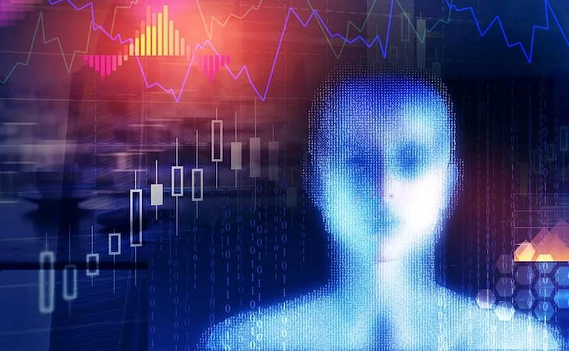 A digital human figure integrated with financial market data graphs