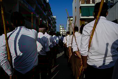 Members of the Rashtriya Swayamsewak Sangh carry out Padsanchalan on Vijayadashmi to mark the Centenary year of the organisation